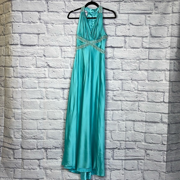 Badgley Mischka Aqua Sleeveless Stretch Prom Wedding Gown Formal Dress Size 0 - Picture 6 of 15
